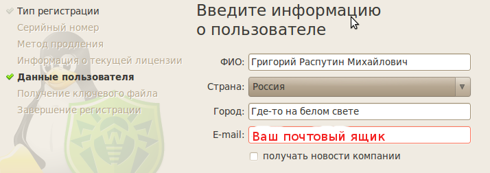 Заполняем информацию для получения пробного ключа