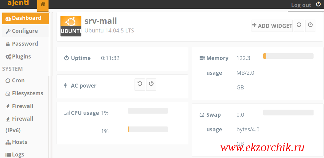 Так выглядит консоль управления вашим сервером через ajenti