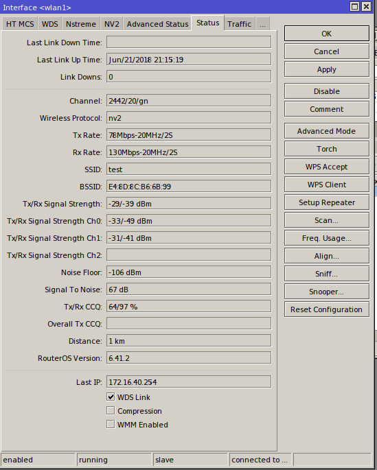 Установленная связь двух Mikrotik по Wi-Fi