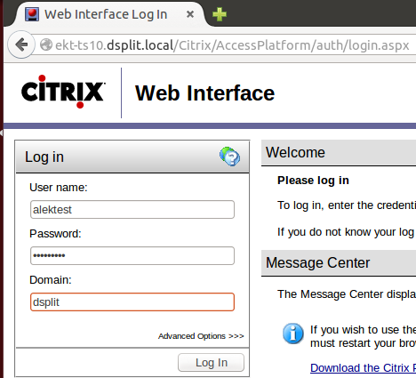 Авторизуюсь на Web интерфейсе Citrix