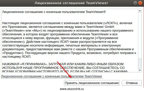 Соглашаюсь с лицензионным соглашение по использованию TeamViewer на Ubuntu 18.04 Desktop