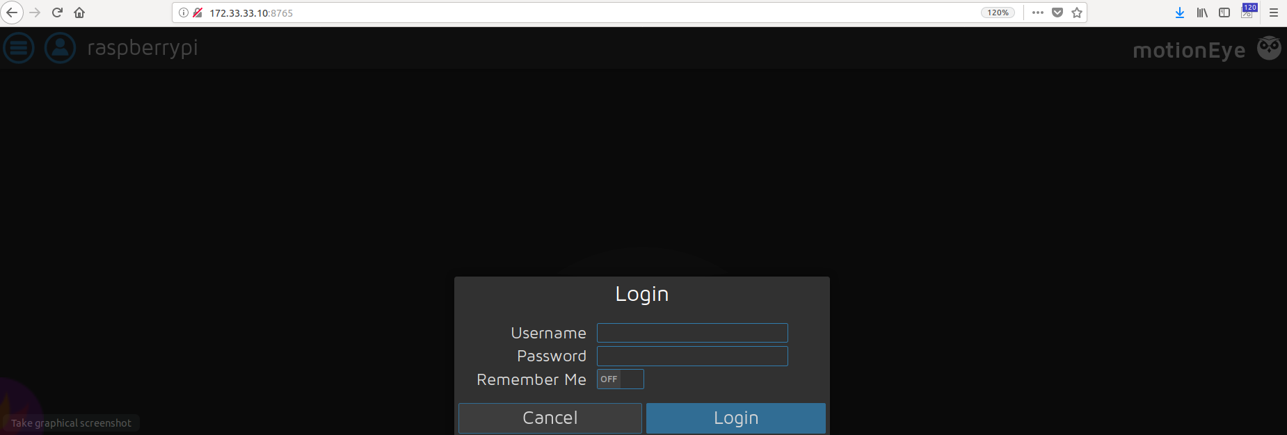 Окно авторизации MotionEyE на Raspbian Stretch