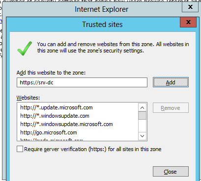 Добавляю https://srv-dc в "Надежные узлы"