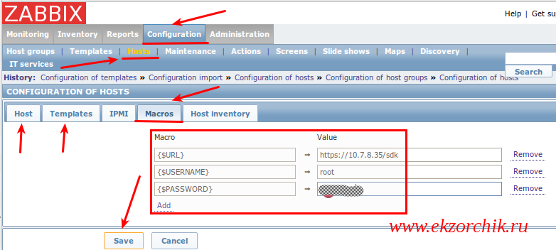 При добавлении ESXi-хоста в Zabbix настраиваю макрос подключения к хосту