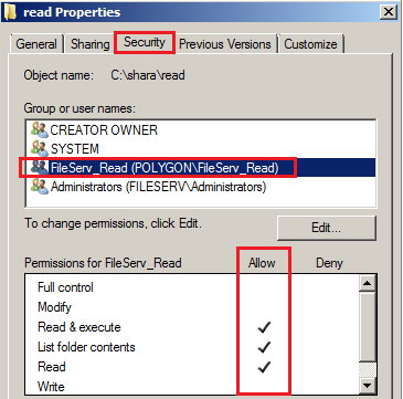 C:\shara\read – права только для чтения группе FileServ_Read