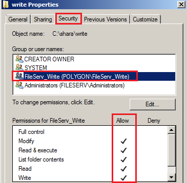 C:\shara\write – права только для чтения группе FileServ_Write
