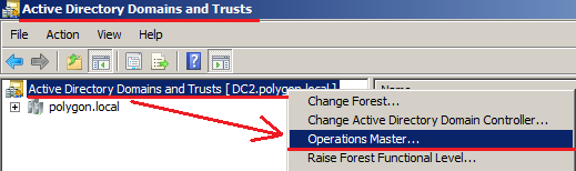 Открываем меню Operations Master... в оснастке Active Directory Domains and Trusts.