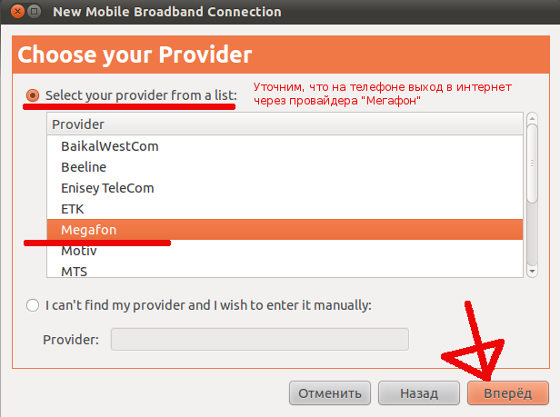Выбираем тип интернета — у меня Мегафоновское соединение.