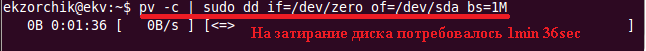 На затирание диска размер 25Gb потребовалось 1 минута 36 секунд.