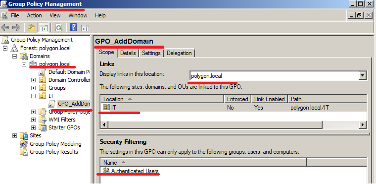 Привязываем политику к контейнеру IT и применяем на всех авторизованных пользователей.