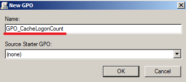Создадим групповую политику: GPO_CacheLogonCount.