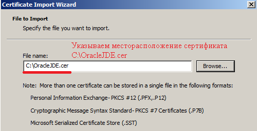 Указываем путь откуда экспортируем сертификат: C:\OracleJDE.cer