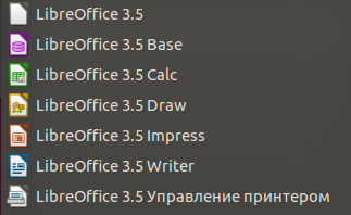 Пакет установленных приложений LibreOffice.