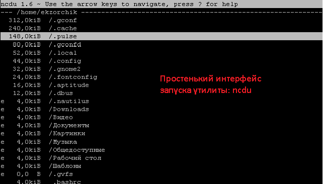 Простой интерфейс утилиты ncdu для определения размера каталоги и файлов в системе.