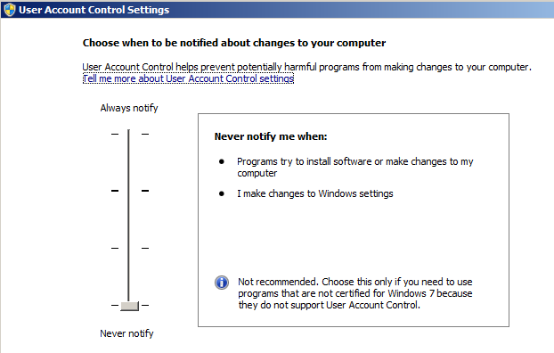 Положение соответствующее отключению UAC на сервере Windows Server 2008 R2