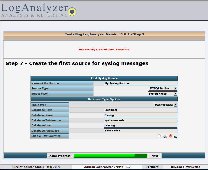 Описываем параметры соединения с базой rsyslog