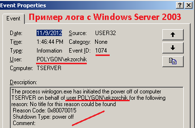 Технические данные лога в системе Windows Server 2003.