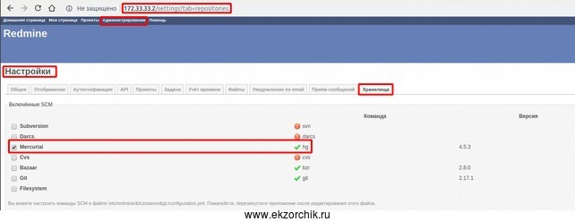 Отмечаю систему хранения версий Mercurial для Redmine 3.4.4