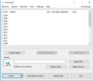 Запущенная утилита VeraCrypt.