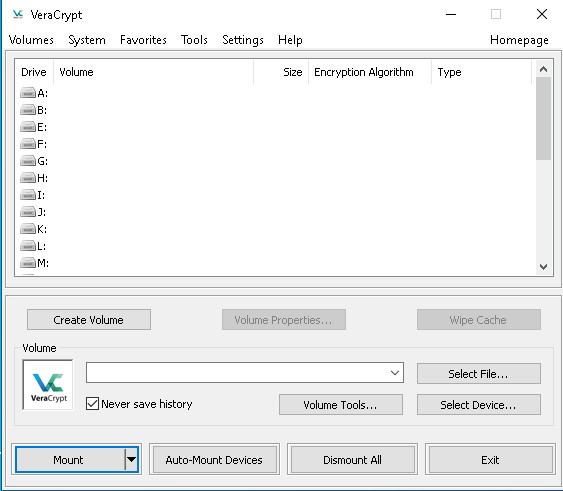 Запущенная утилита VeraCrypt.
