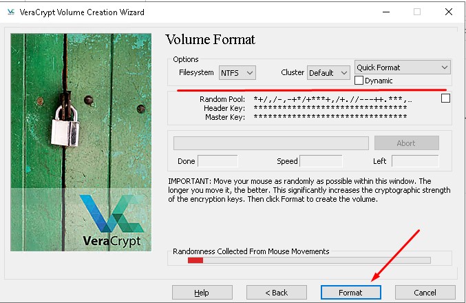 Том: NTFS, Cluster: Default, Quick Format