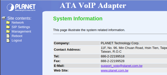 Web-интерфейс шлюза Planet ATA-150S