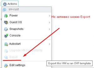 Меню "Export" на включенной VM неактивно.