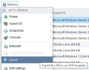 Если VM выключена, то меню Export активно.