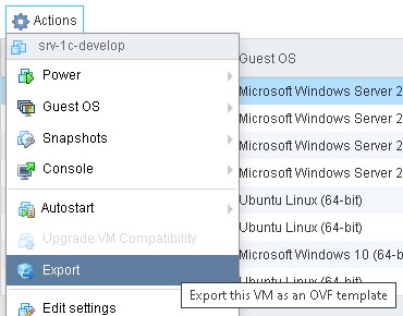 Если VM выключена, то меню Export активно.