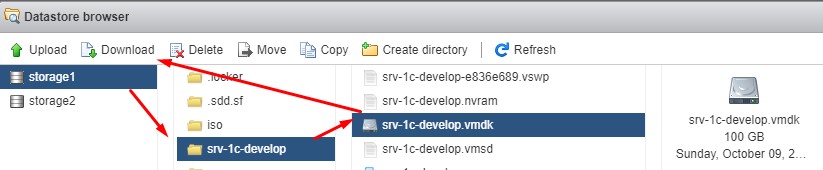 Через Datastore Browser можно скачать все файлы виртуальной машины