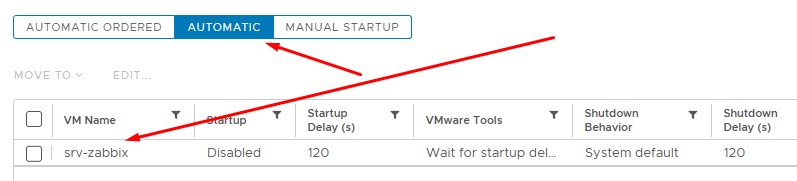 Переместил VM: SRV-ZABBIX из Manual Startup в Automatic.
