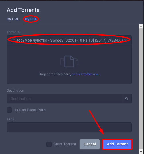 Процесс добавления torrent файла с основной системы