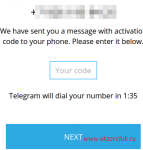 Ввожу SMS код присылаемый от сервиса Telegram в качестве подтверждающего