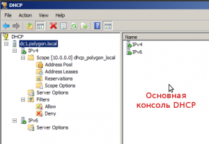 Оснастка работы с консолью DHCP.