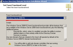 Выбираем уровень функциональности: Windows Server 2008 R2