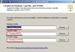 Расположение для базы данных, журнала и SYSVOL) оставляем те значения, которые предложены по дефолту.