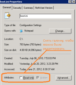 Снимаем галочку с файла boot.ini (только для чтения)