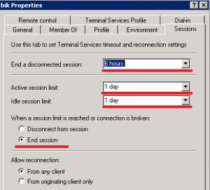 Принудительно выставленные значения на ограничение RDP сессии на сервере.