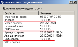 Настройки сети на Windows XP выданные с нашего dnsmasq.